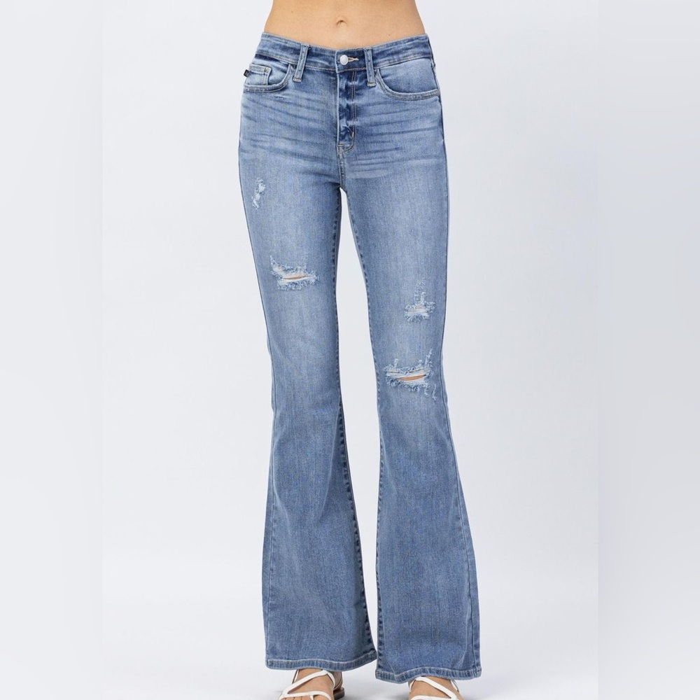 👖‎ Judy Blue High Waist Destroyed Flare Jeans Size 29 Distressed Denim